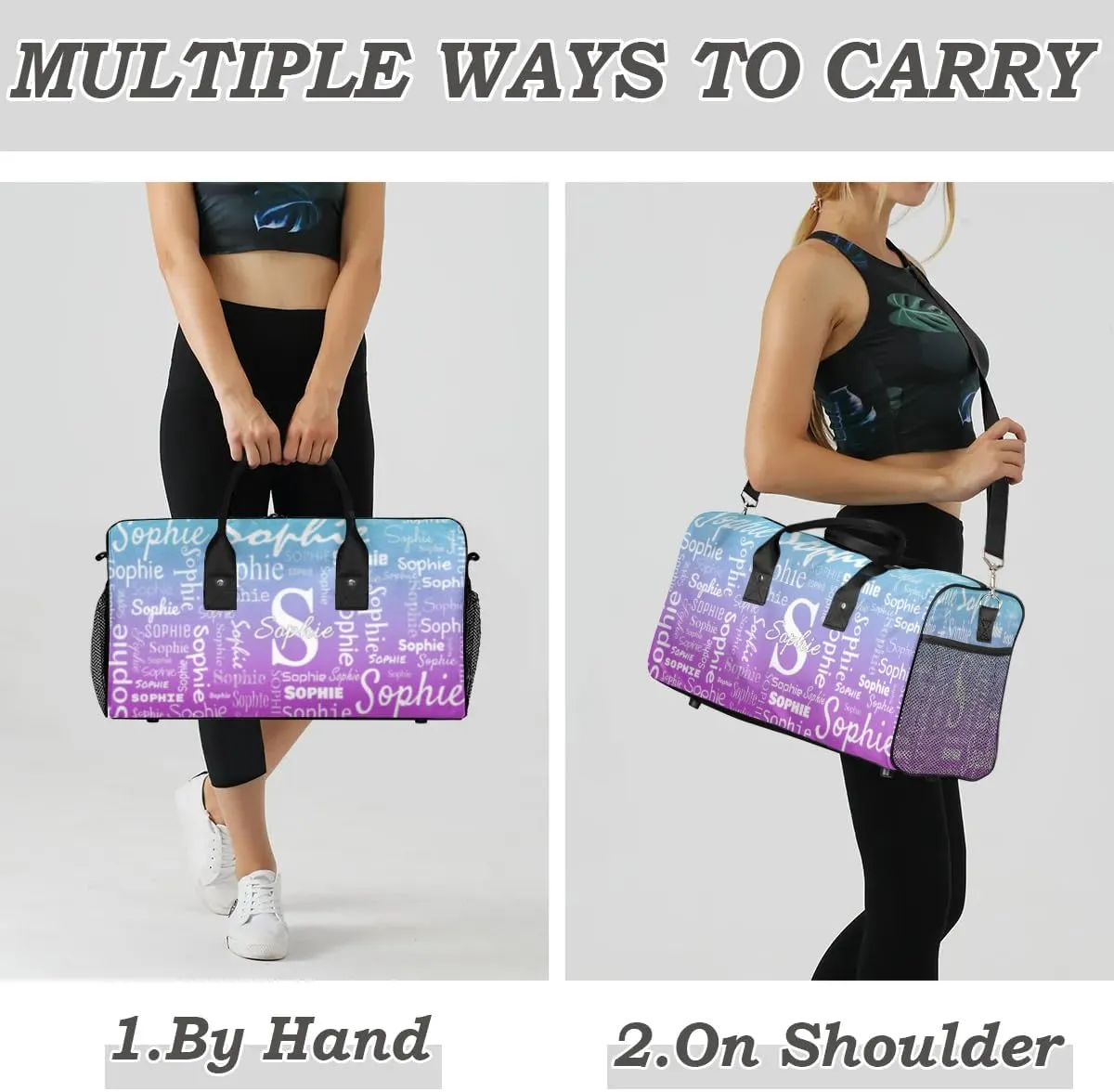 Personalized Name Sport Duffel Bag with Initial, Custom Gym Bag Dance Duffel Bag for Women, Monogrammed Gifts Customized Gymnastics Ballet Bag Overnight Weekender Bag, Blue Purple Gradient
