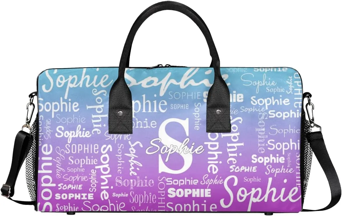 Personalized Name Sport Duffel Bag with Initial, Custom Gym Bag Dance Duffel Bag for Women, Monogrammed Gifts Customized Gymnastics Ballet Bag Overnight Weekender Bag, Blue Purple Gradient