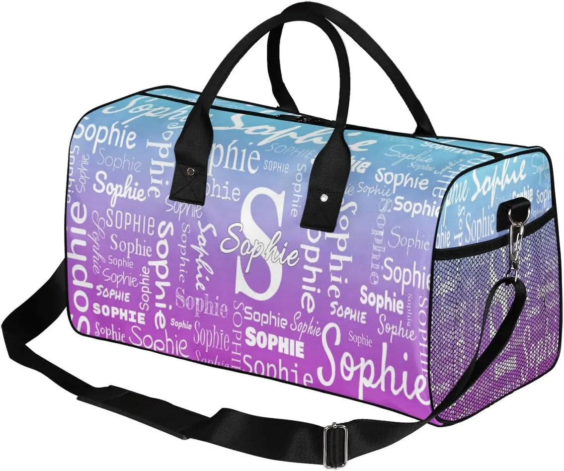 Personalized Name Sport Duffel Bag with Initial, Custom Gym Bag Dance Duffel Bag for Women, Monogrammed Gifts Customized Gymnastics Ballet Bag Overnight Weekender Bag, Blue Purple Gradient