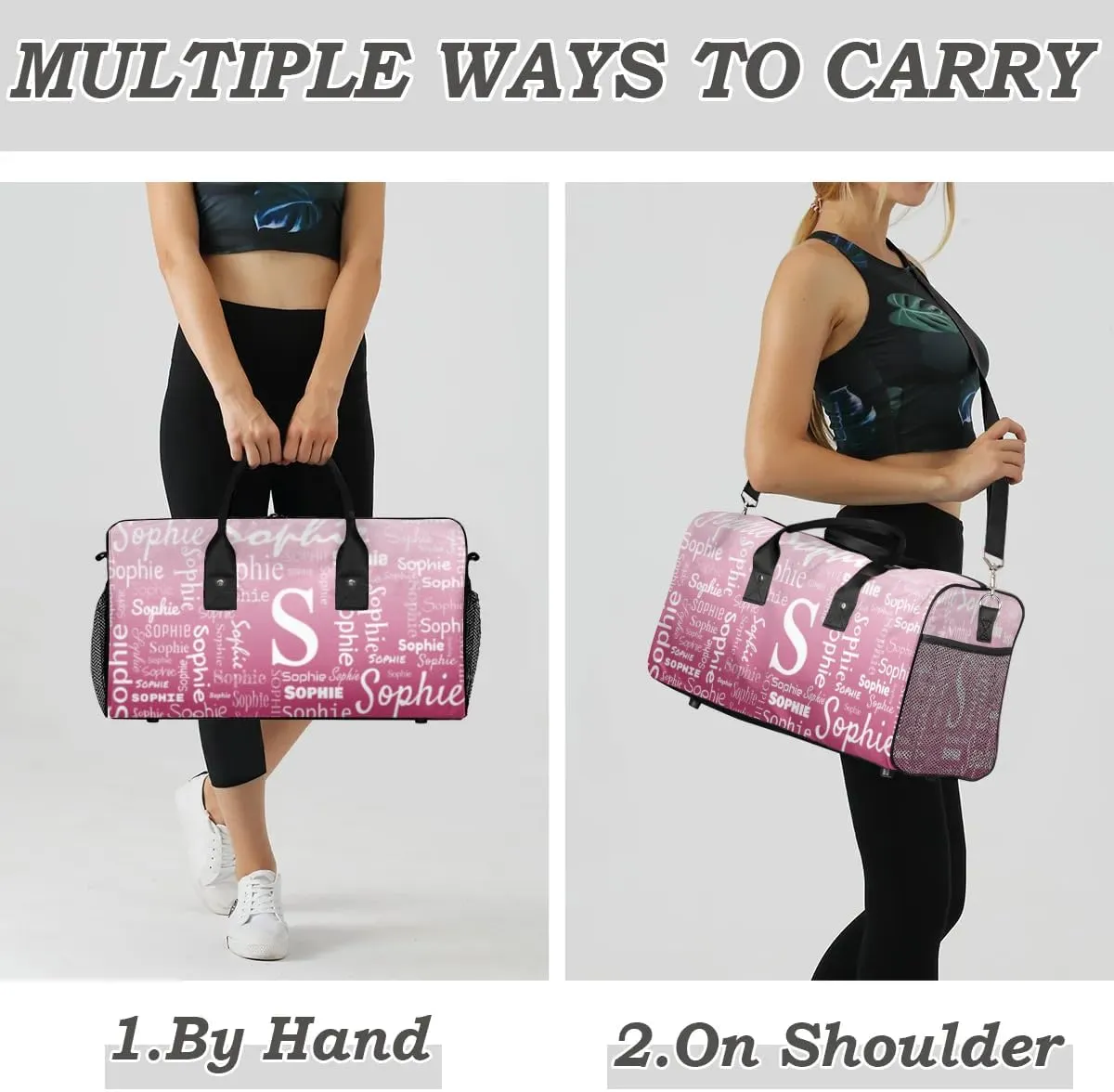 Personalized Name Sport Duffel Bag with Initial, Custom Gym Bag Dance Duffel Bag for Women, Monogrammed Gifts Customized Overnight Weekender Bag, Dark Pink Gradient