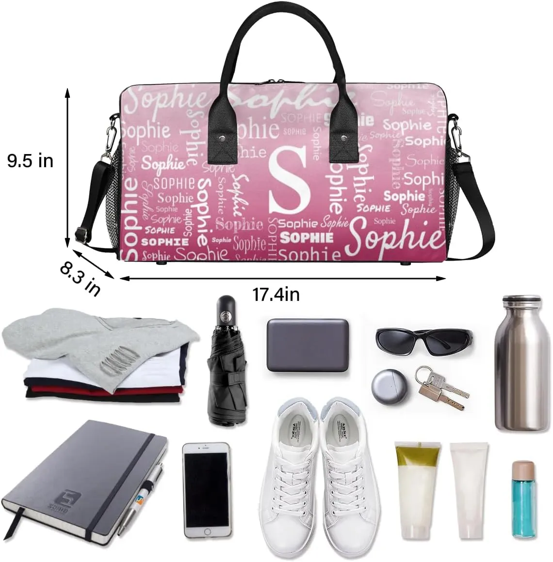 Personalized Name Sport Duffel Bag with Initial, Custom Gym Bag Dance Duffel Bag for Women, Monogrammed Gifts Customized Overnight Weekender Bag, Dark Pink Gradient