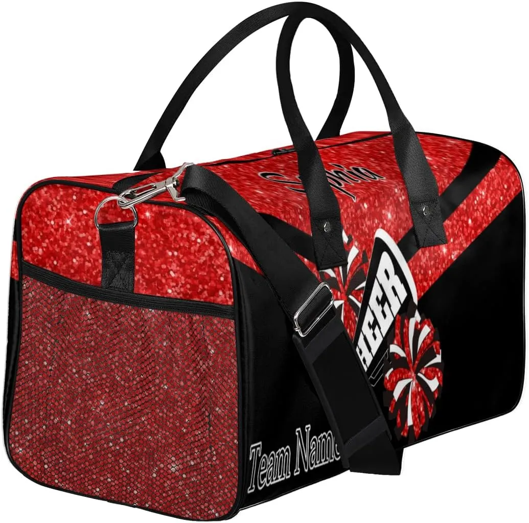 Personalized Name Sports Duffel Bag for Cheerleaders, Cheer Bag for Women, Custom Travel Duffle Bag, Cheerleading Weekender Bag, Gym Bag, Coral Red Glitter
