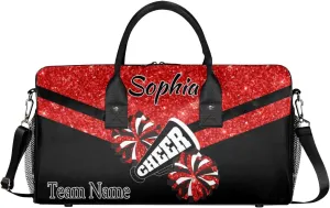 Personalized Name Sports Duffel Bag for Cheerleaders, Cheer Bag for Women, Custom Travel Duffle Bag, Cheerleading Weekender Bag, Gym Bag, Coral Red Glitter