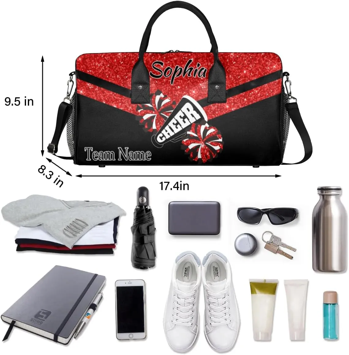 Personalized Name Sports Duffel Bag for Cheerleaders, Cheer Bag for Women, Custom Travel Duffle Bag, Cheerleading Weekender Bag, Gym Bag, Coral Red Glitter