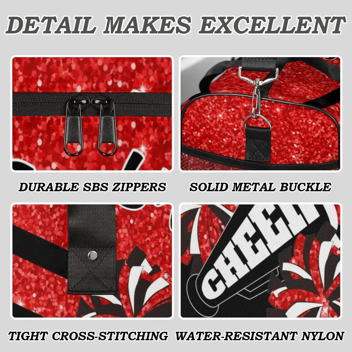 Personalized Name Sports Duffel Bag for Cheerleaders, Cheer Bag for Women, Custom Travel Duffle Bag, Cheerleading Weekender Bag, Gym Bag, Coral Red Glitter