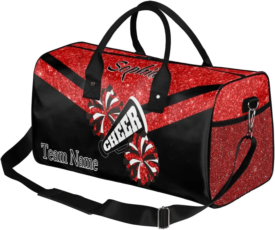 Personalized Name Sports Duffel Bag for Cheerleaders, Cheer Bag for Women, Custom Travel Duffle Bag, Cheerleading Weekender Bag, Gym Bag, Coral Red Glitter
