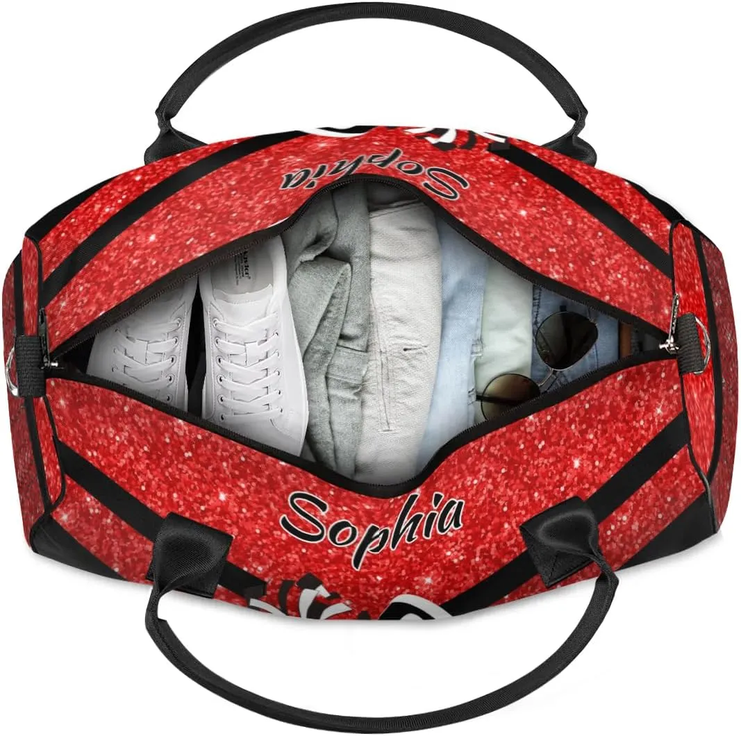 Personalized Name Sports Duffel Bag for Cheerleaders, Cheer Bag for Women, Custom Travel Duffle Bag, Cheerleading Weekender Bag, Gym Bag, Coral Red Glitter