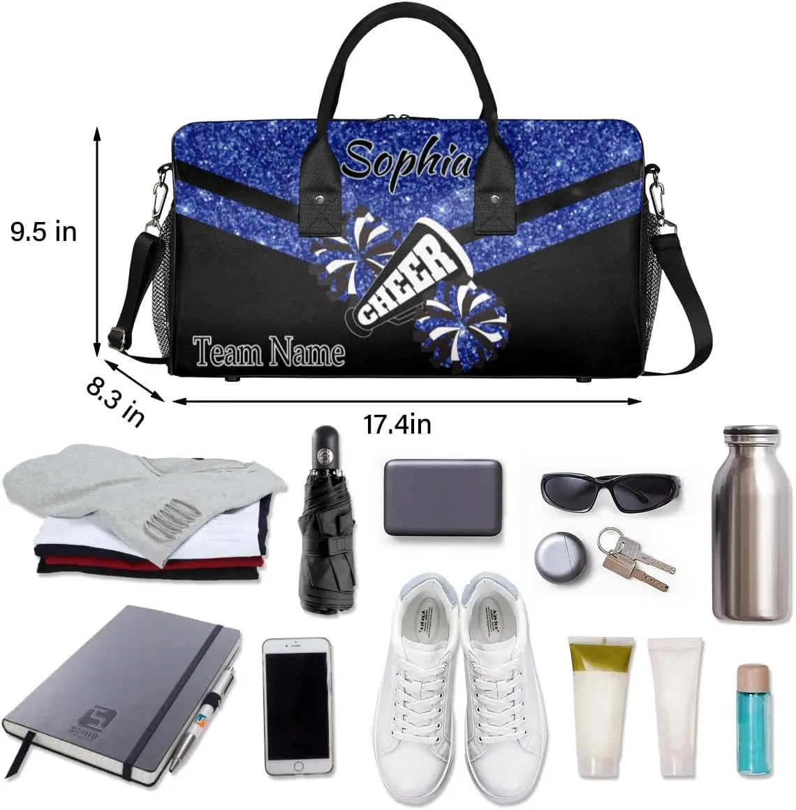 Personalized Name Sports Duffel Bag for Cheerleaders, Cheer Bag for Women, Custom Travel Duffle Bag, Cheerleading Weekender Bag, Gym Bag, Dark Blue Glitter