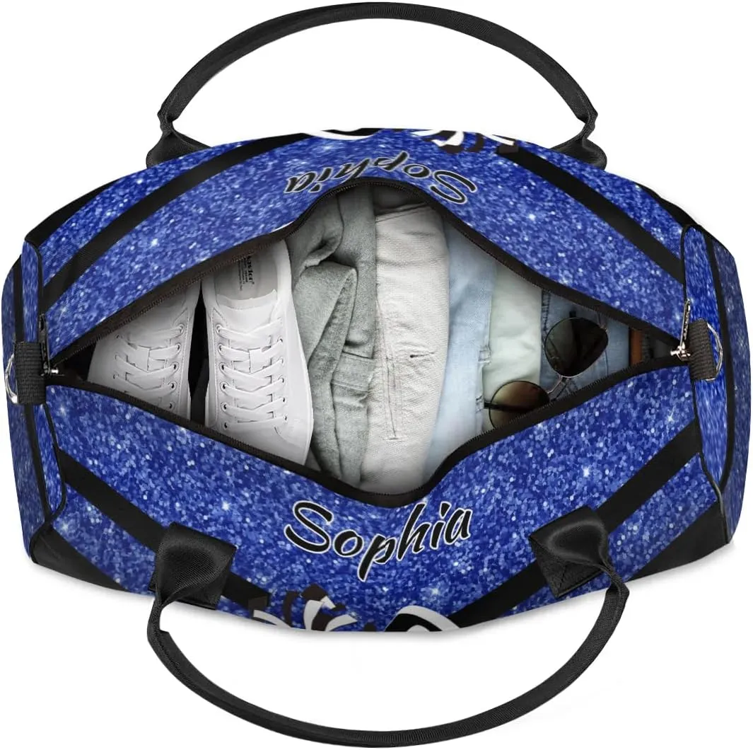 Personalized Name Sports Duffel Bag for Cheerleaders, Cheer Bag for Women, Custom Travel Duffle Bag, Cheerleading Weekender Bag, Gym Bag, Dark Blue Glitter