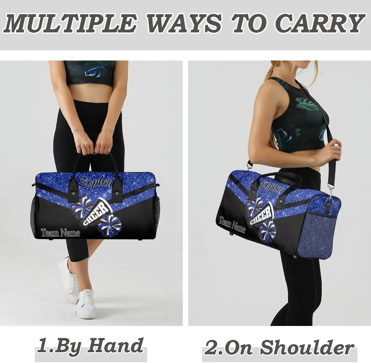 Personalized Name Sports Duffel Bag for Cheerleaders, Cheer Bag for Women, Custom Travel Duffle Bag, Cheerleading Weekender Bag, Gym Bag, Dark Blue Glitter