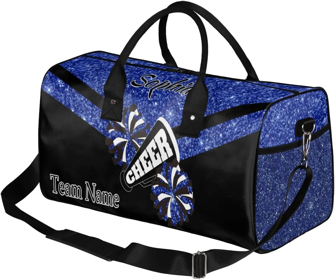Personalized Name Sports Duffel Bag for Cheerleaders, Cheer Bag for Women, Custom Travel Duffle Bag, Cheerleading Weekender Bag, Gym Bag, Dark Blue Glitter