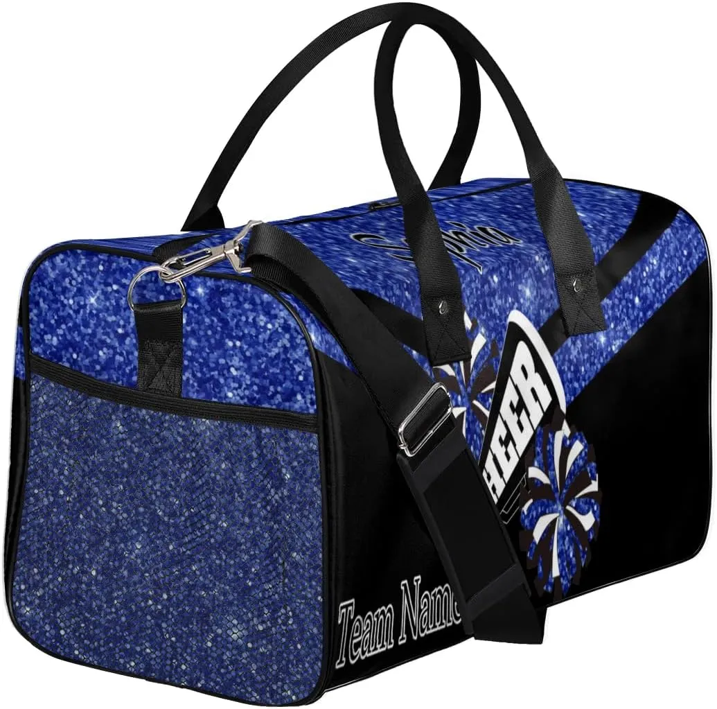 Personalized Name Sports Duffel Bag for Cheerleaders, Cheer Bag for Women, Custom Travel Duffle Bag, Cheerleading Weekender Bag, Gym Bag, Dark Blue Glitter
