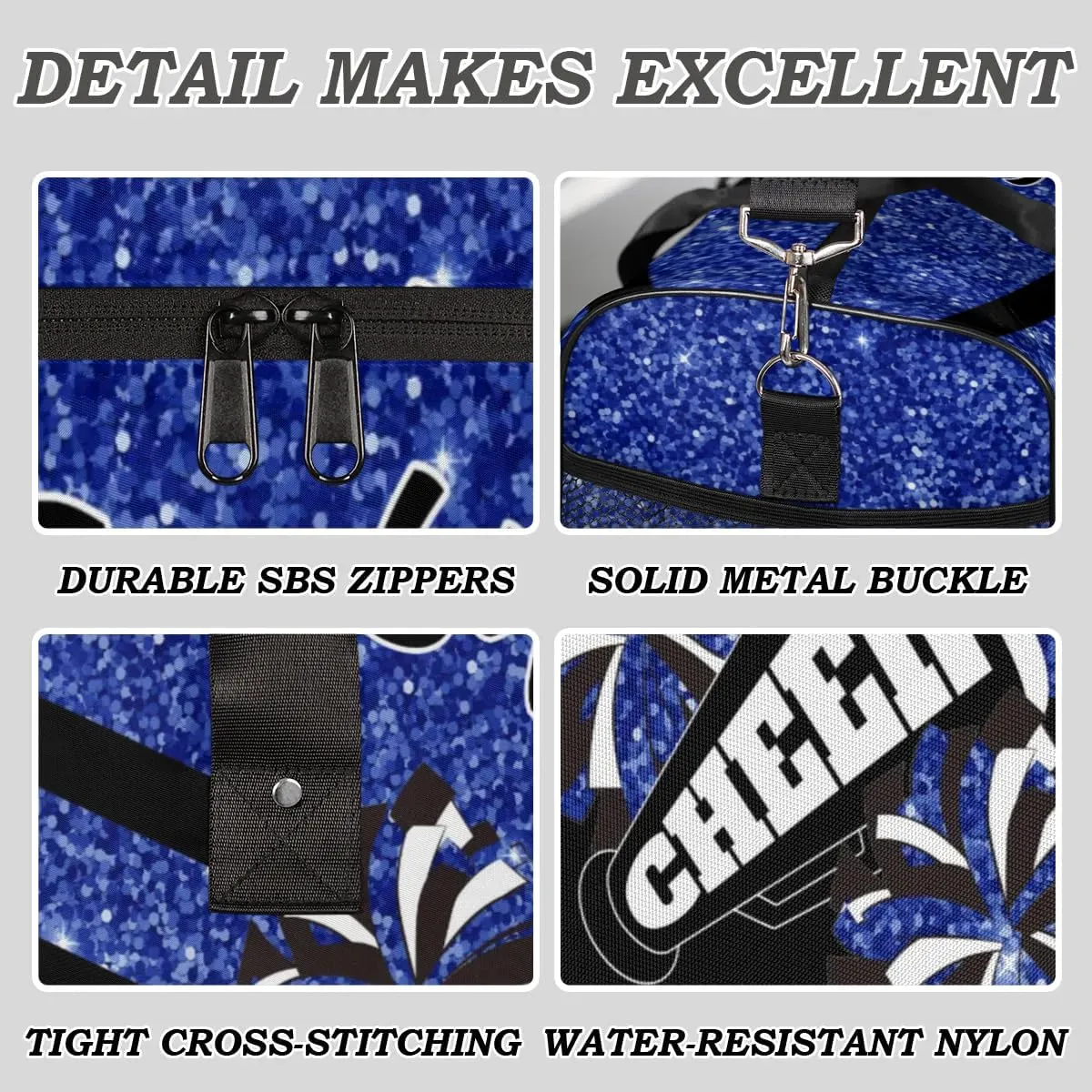 Personalized Name Sports Duffel Bag for Cheerleaders, Cheer Bag for Women, Custom Travel Duffle Bag, Cheerleading Weekender Bag, Gym Bag, Dark Blue Glitter