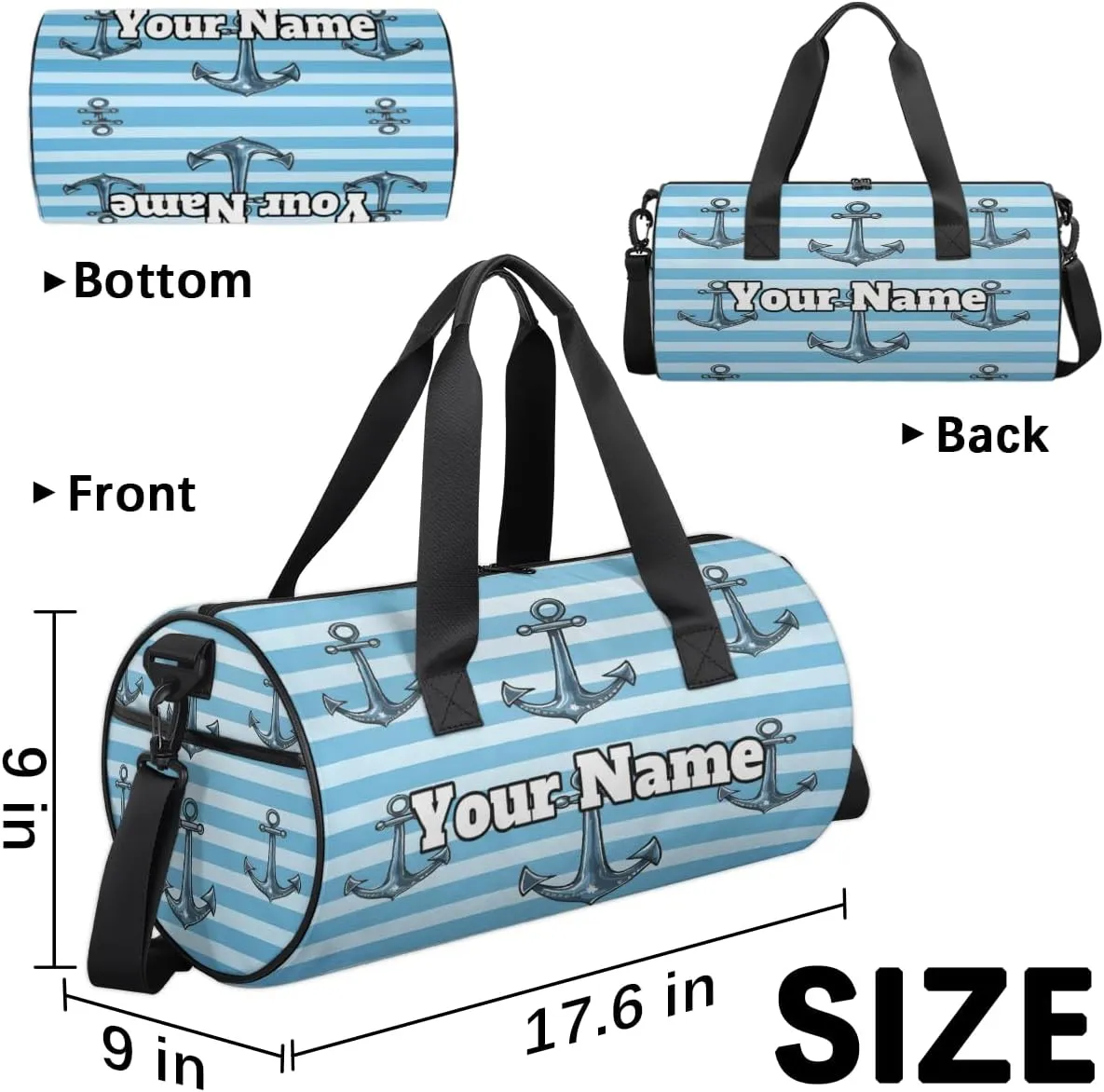 Personalized Nautical Stripe Sport Gym Bag, Custom Name Duffel Bags for Men, Waterproof Custom Sport Duffel Bag, Gymnastics Dance, Anchors Away