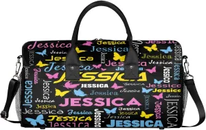 Personalized Sport Duffel Bag with Name, Colorful Butterflies Design Custom Weekender Bag Sleepover Bags for Dance Ballet Gymnastics, Black