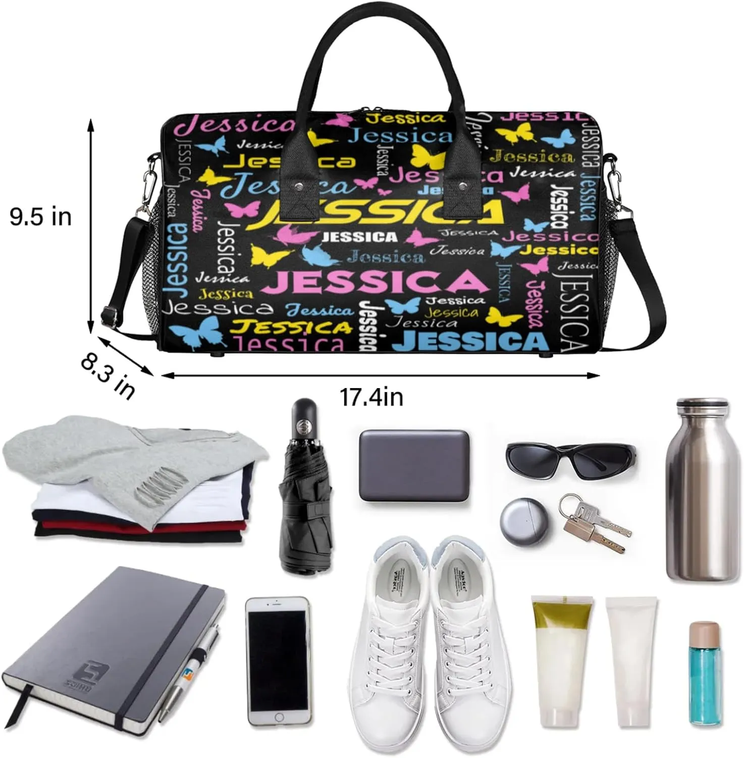 Personalized Sport Duffel Bag with Name, Colorful Butterflies Design Custom Weekender Bag Sleepover Bags for Dance Ballet Gymnastics, Black