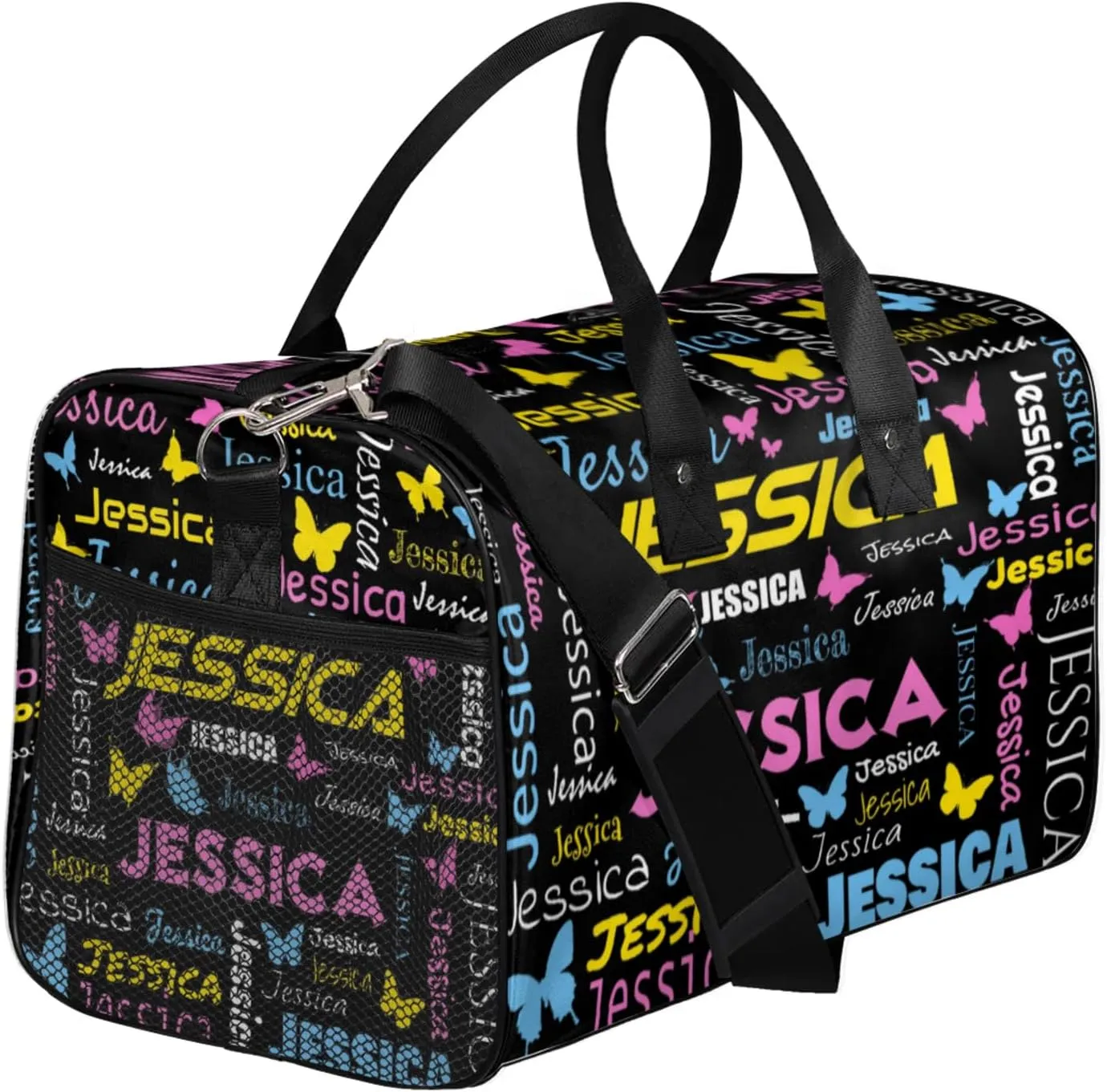 Personalized Sport Duffel Bag with Name, Colorful Butterflies Design Custom Weekender Bag Sleepover Bags for Dance Ballet Gymnastics, Black