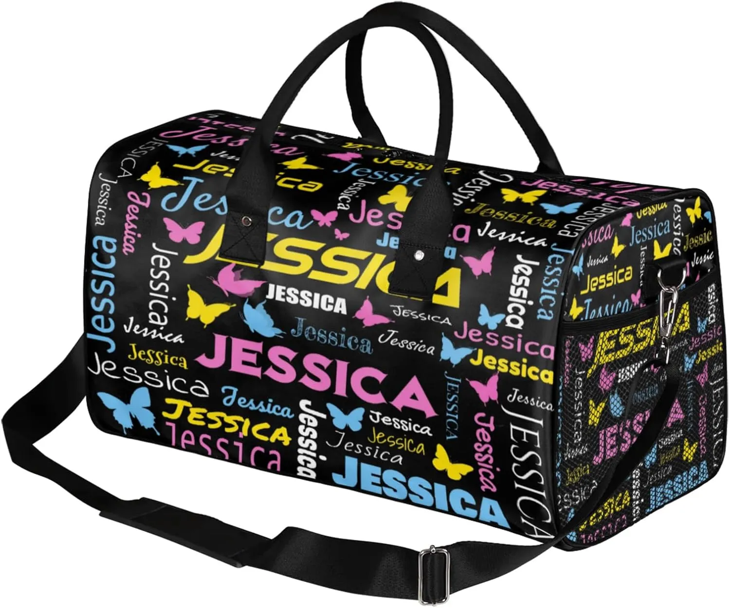 Personalized Sport Duffel Bag with Name, Colorful Butterflies Design Custom Weekender Bag Sleepover Bags for Dance Ballet Gymnastics, Black