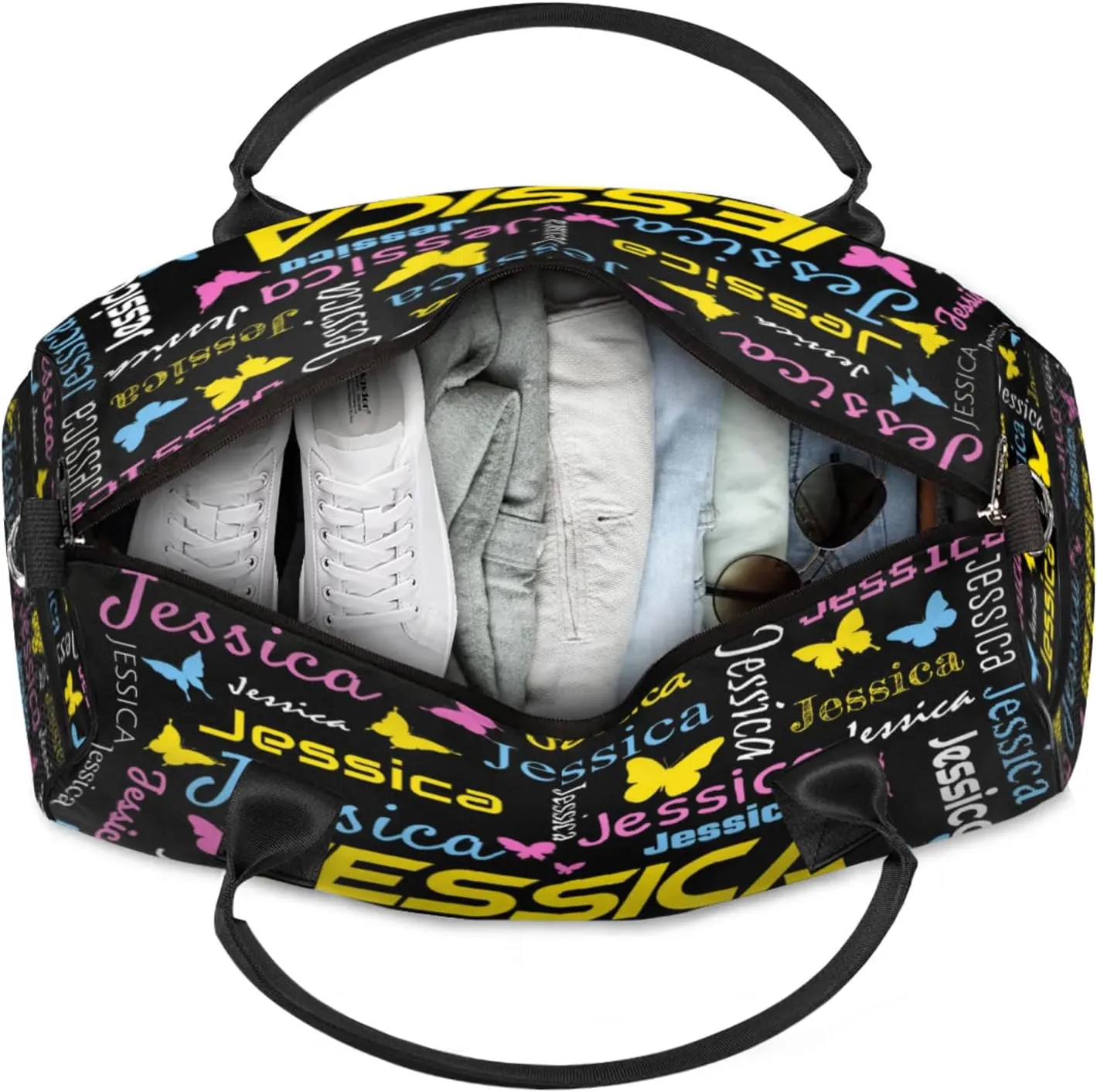Personalized Sport Duffel Bag with Name, Colorful Butterflies Design Custom Weekender Bag Sleepover Bags for Dance Ballet Gymnastics, Black