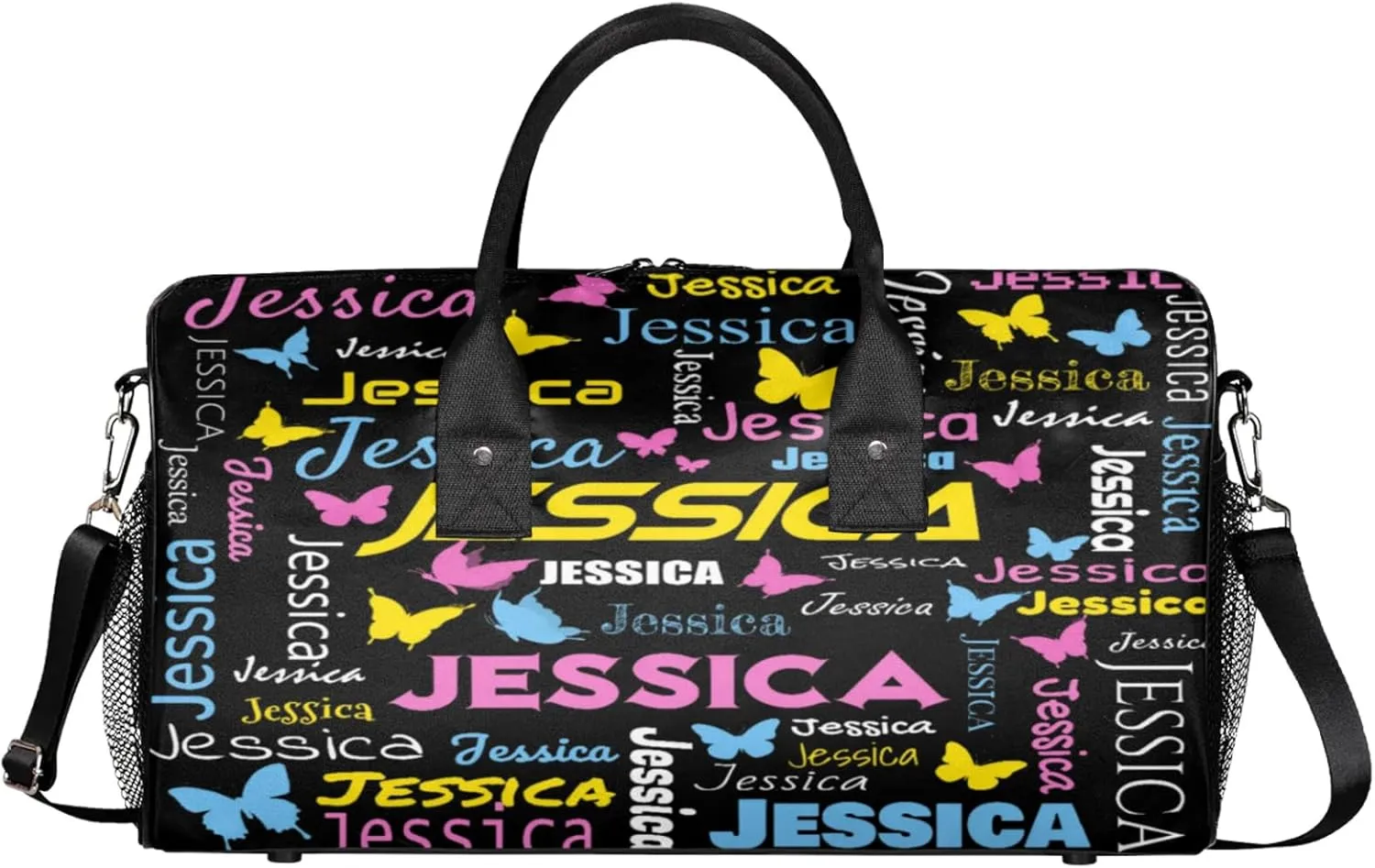 Personalized Sport Duffel Bag with Name, Colorful Butterflies Design Custom Weekender Bag Sleepover Bags for Dance Ballet Gymnastics, Black