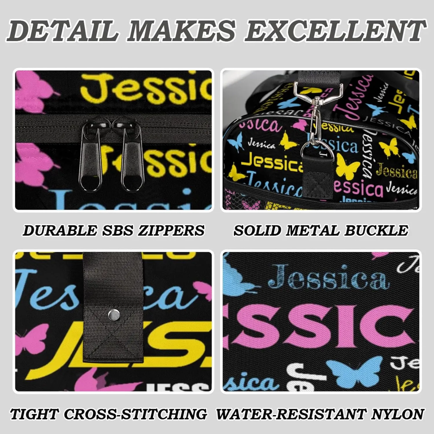 Personalized Sport Duffel Bag with Name, Colorful Butterflies Design Custom Weekender Bag Sleepover Bags for Dance Ballet Gymnastics, Black