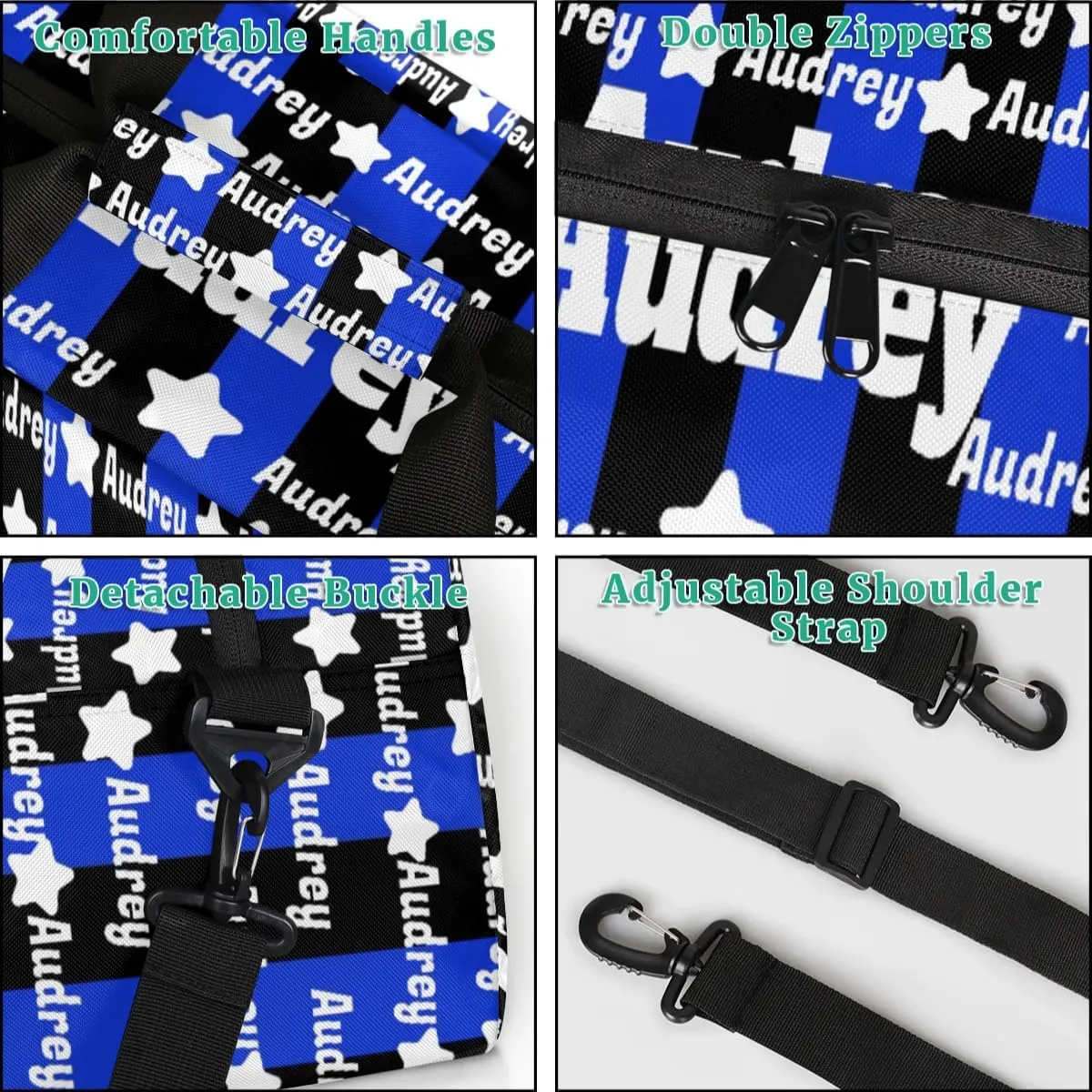 Personalized Sports Duffel Bag, Custom Soccer Football Gym Bag with Name Black Royal Blue Stripes Overnight Large Duffel Bag for Train Gymnastics Sports Bag