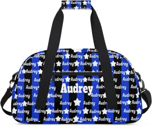 Personalized Sports Duffel Bag, Custom Soccer Football Gym Bag with Name Black Royal Blue Stripes Overnight Large Duffel Bag for Train Gymnastics Sports Bag