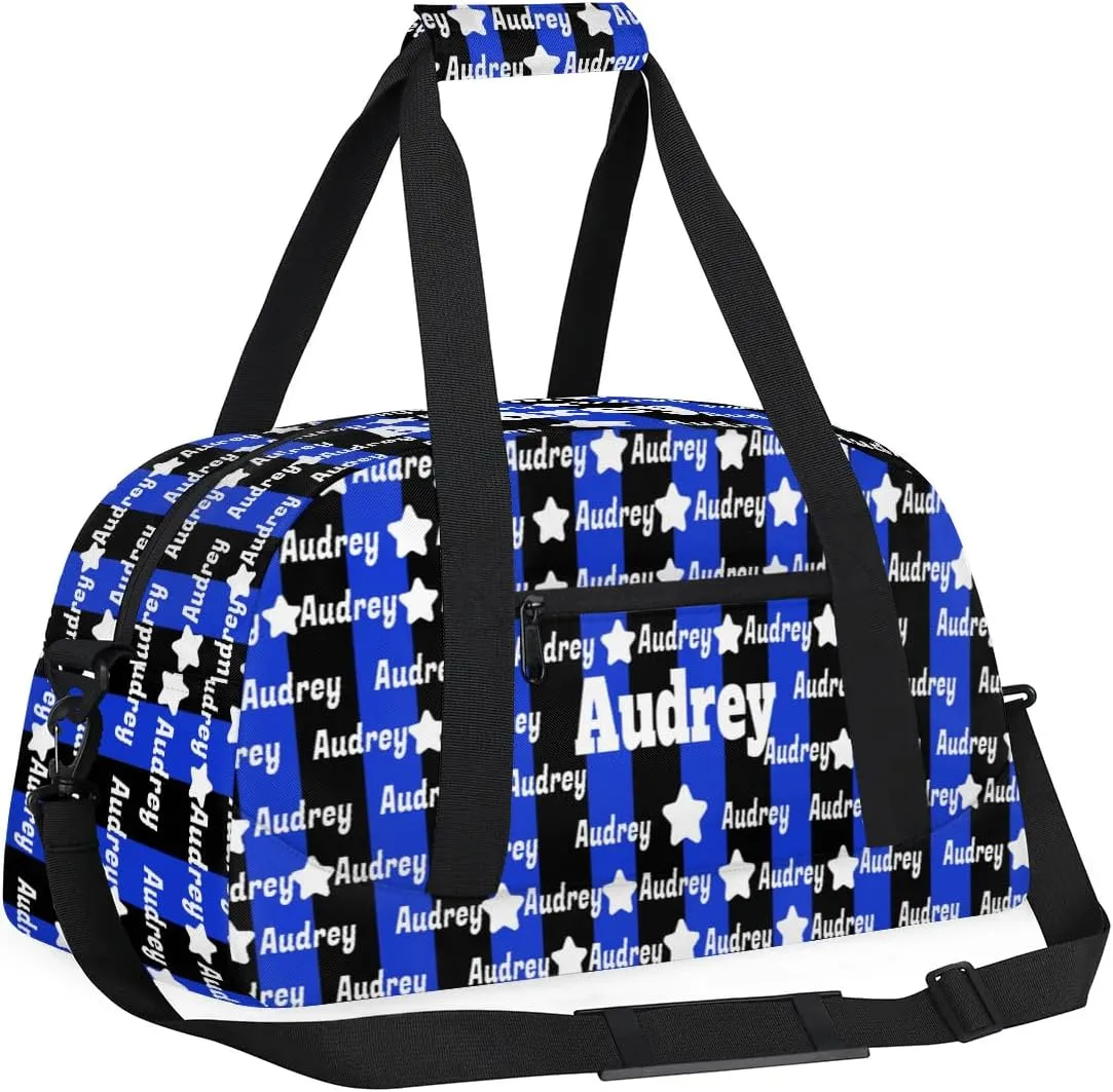 Personalized Sports Duffel Bag, Custom Soccer Football Gym Bag with Name Black Royal Blue Stripes Overnight Large Duffel Bag for Train Gymnastics Sports Bag