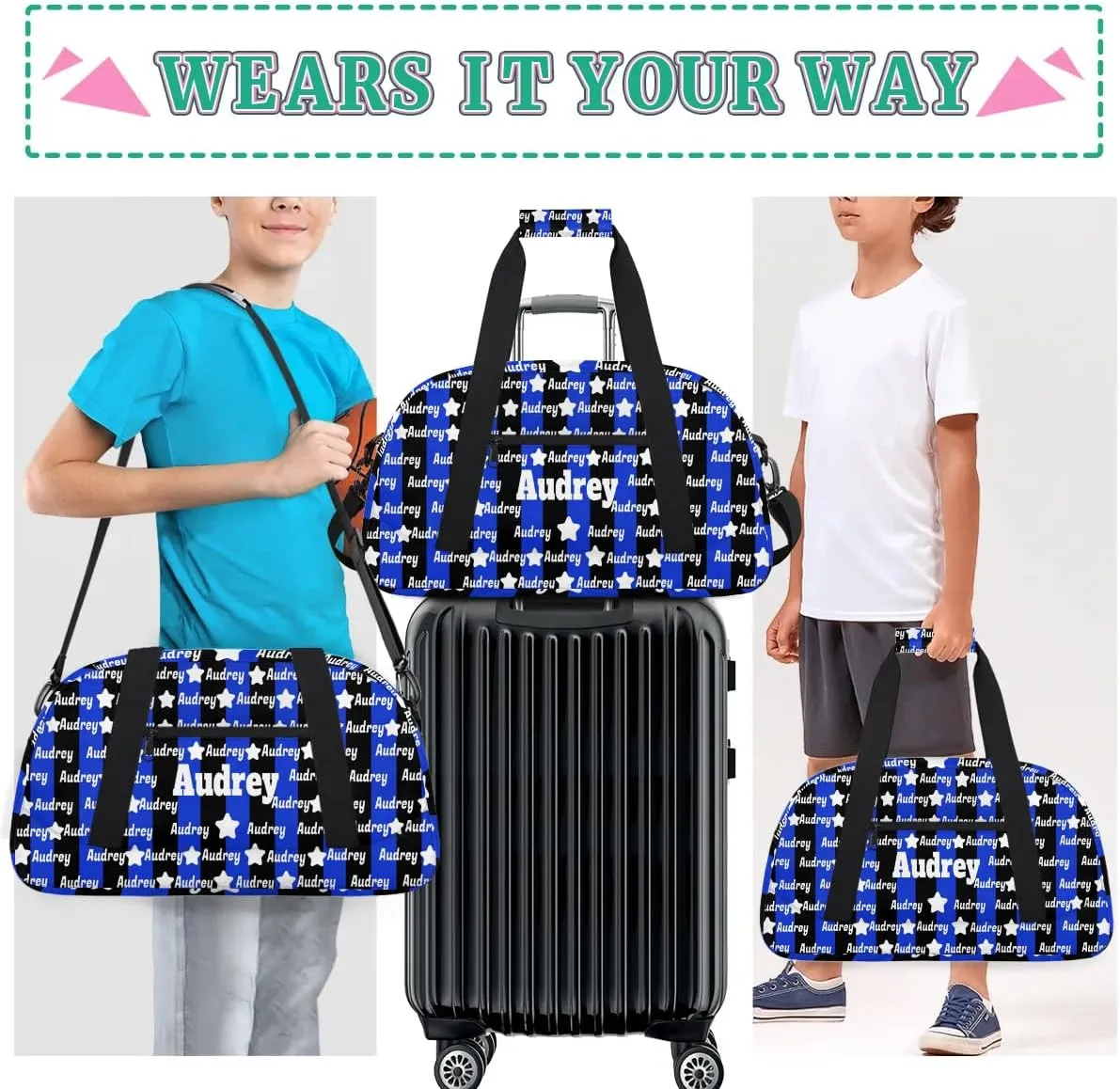 Personalized Sports Duffel Bag, Custom Soccer Football Gym Bag with Name Black Royal Blue Stripes Overnight Large Duffel Bag for Train Gymnastics Sports Bag