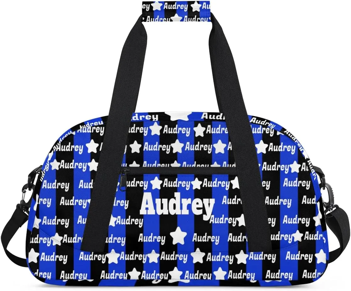 Personalized Sports Duffel Bag, Custom Soccer Football Gym Bag with Name Black Royal Blue Stripes Overnight Large Duffel Bag for Train Gymnastics Sports Bag