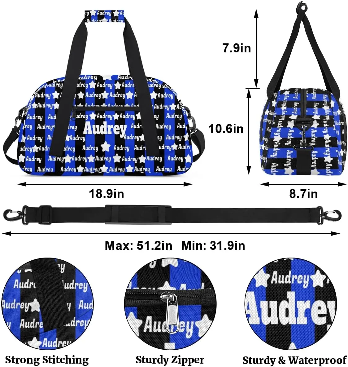 Personalized Sports Duffel Bag, Custom Soccer Football Gym Bag with Name Black Royal Blue Stripes Overnight Large Duffel Bag for Train Gymnastics Sports Bag