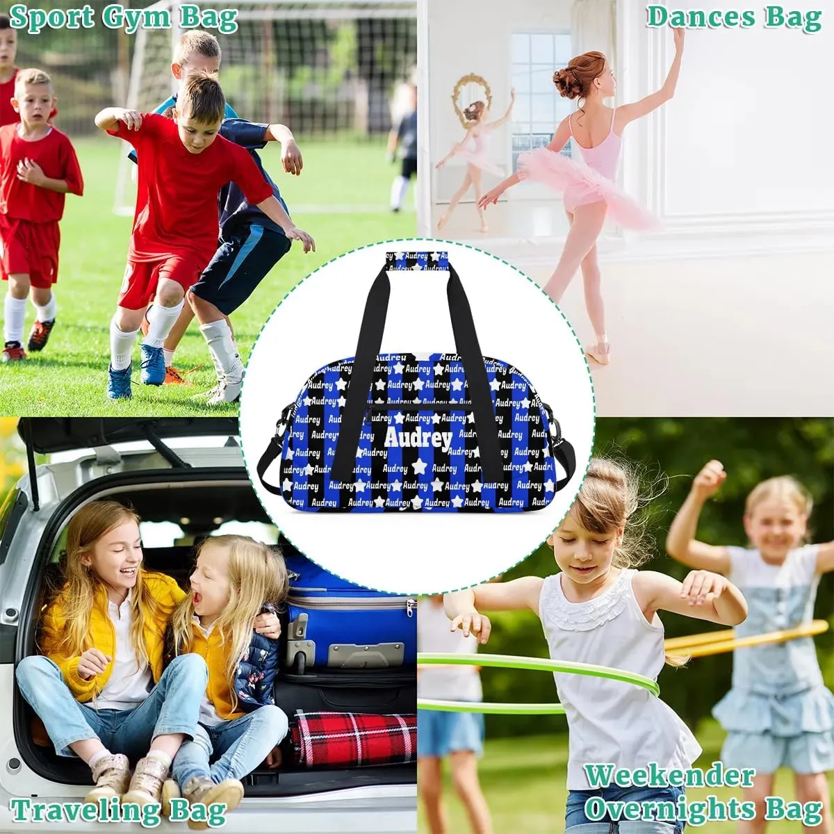 Personalized Sports Duffel Bag, Custom Soccer Football Gym Bag with Name Black Royal Blue Stripes Overnight Large Duffel Bag for Train Gymnastics Sports Bag