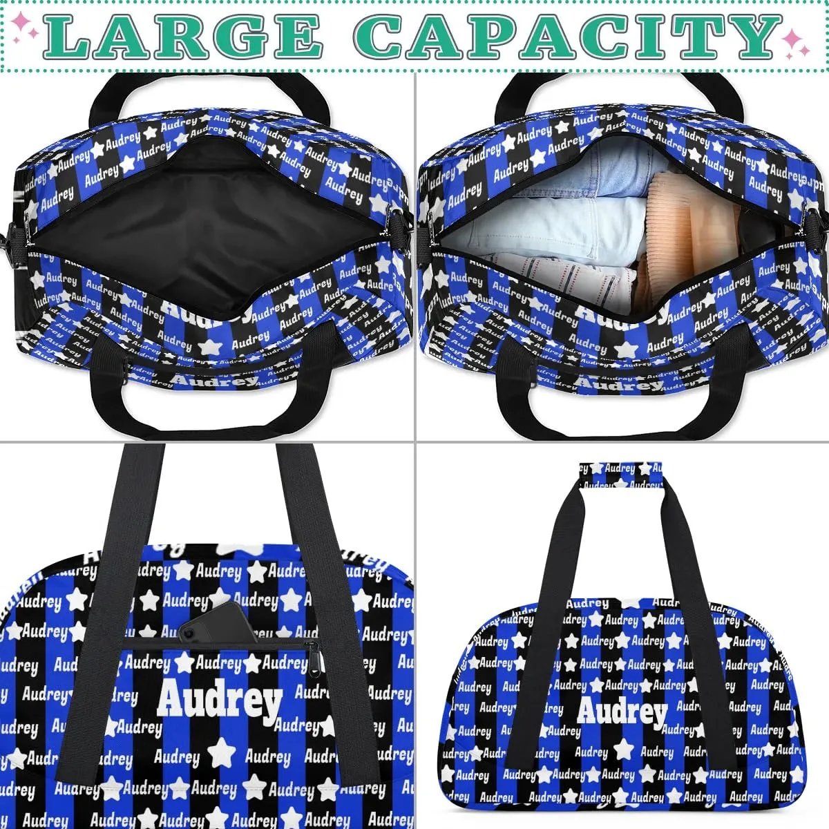 Personalized Sports Duffel Bag, Custom Soccer Football Gym Bag with Name Black Royal Blue Stripes Overnight Large Duffel Bag for Train Gymnastics Sports Bag