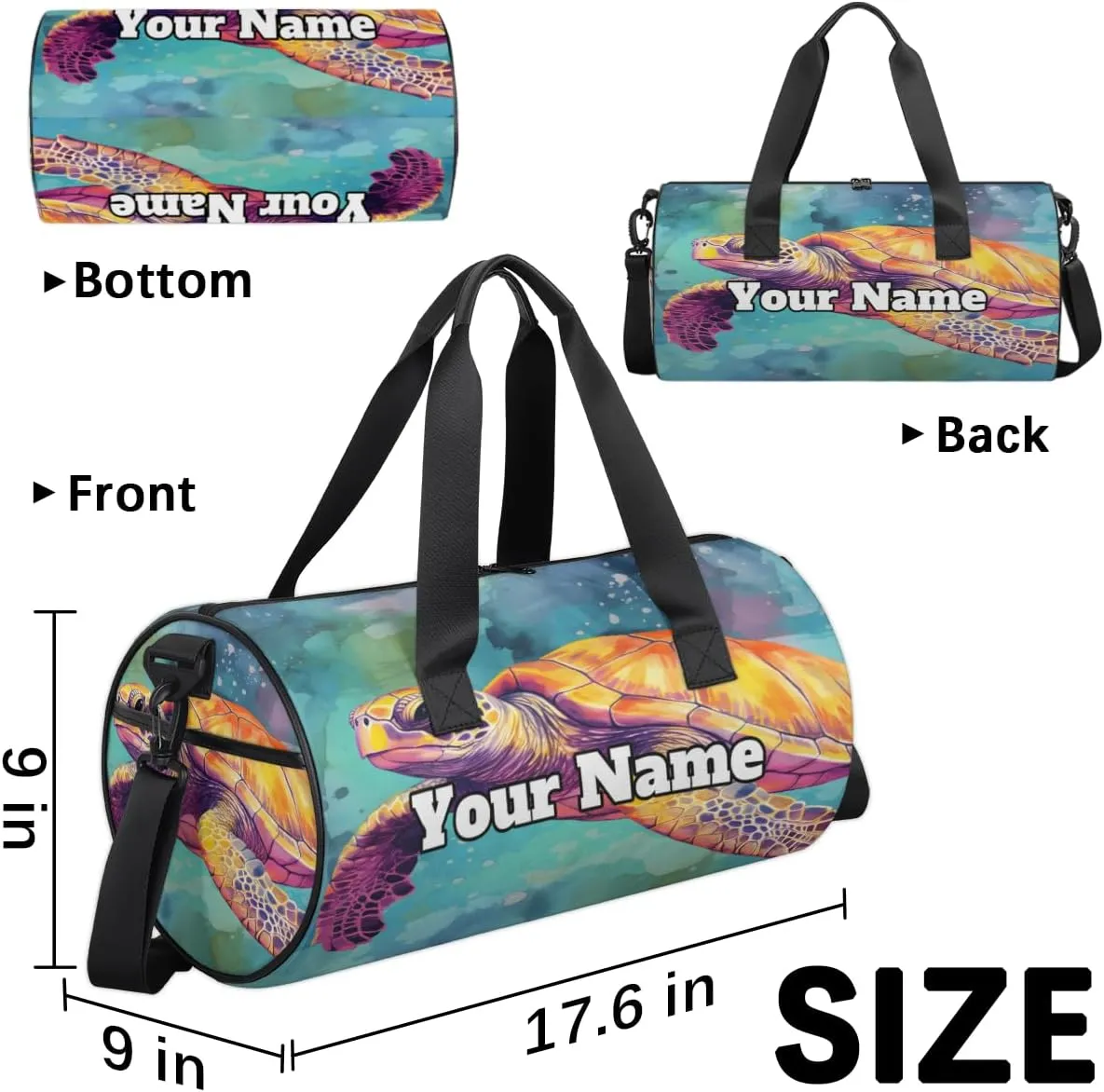 Personalized Sportsman Turtle Sport Gym Bag, Custom Name Duffel Bags for Men, Waterproof Custom Sport Duffel Bag, Gymnastics Dance, Turtle