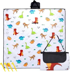 Picnic Blankets (Extra Large 80in x 80in), Cute Dinosaur Picnic Mat with Stakes for 6 to 8 Adults, Beach Blanket with Shoulder Strap for Grass Concert Lawn Travel Camping Park Beach