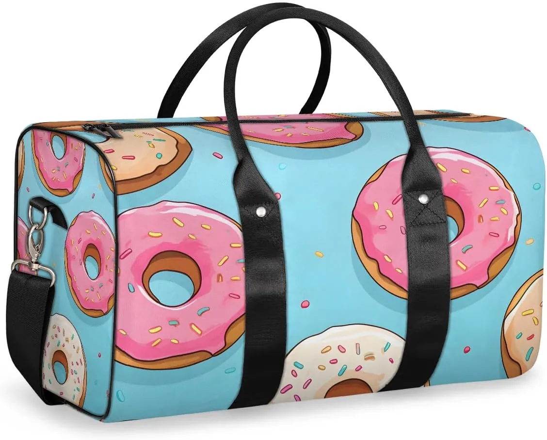 Pink Donut Travel Duffel Bag for Women Men Waterproof Foldable Overnight Weekender Bag Large Capacity Sports Gym Bag