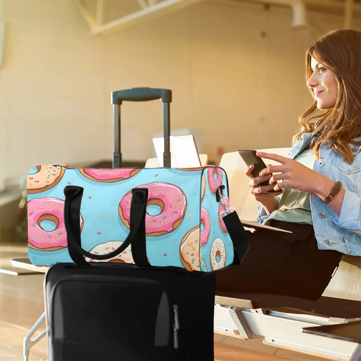 Pink Donut Travel Duffel Bag for Women Men Waterproof Foldable Overnight Weekender Bag Large Capacity Sports Gym Bag