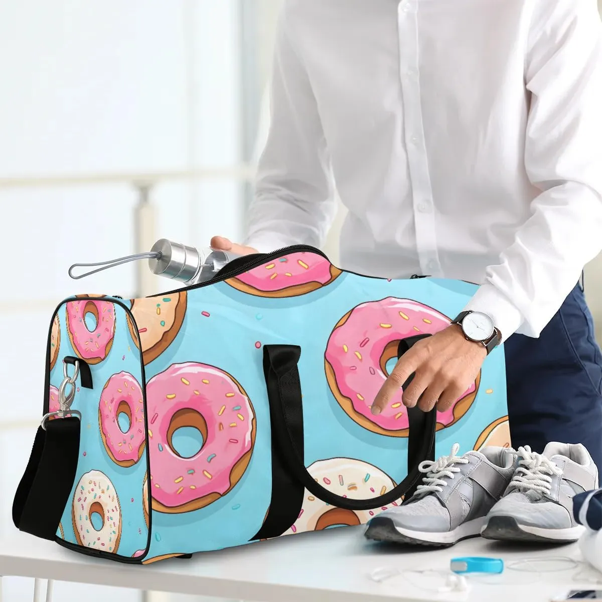 Pink Donut Travel Duffel Bag for Women Men Waterproof Foldable Overnight Weekender Bag Large Capacity Sports Gym Bag