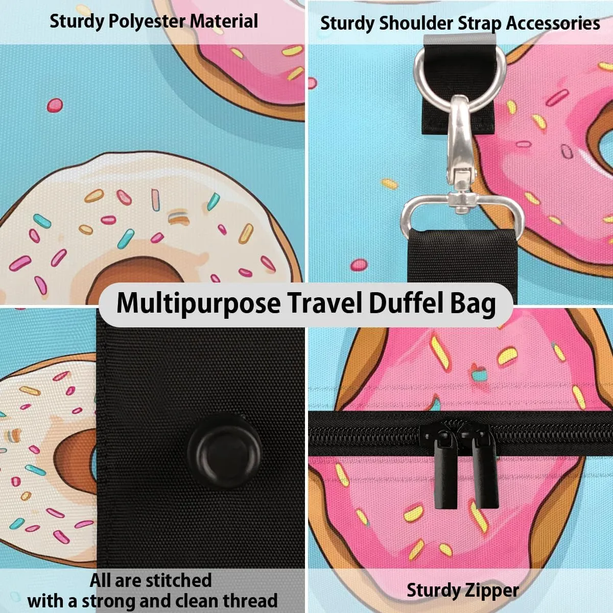 Pink Donut Travel Duffel Bag for Women Men Waterproof Foldable Overnight Weekender Bag Large Capacity Sports Gym Bag