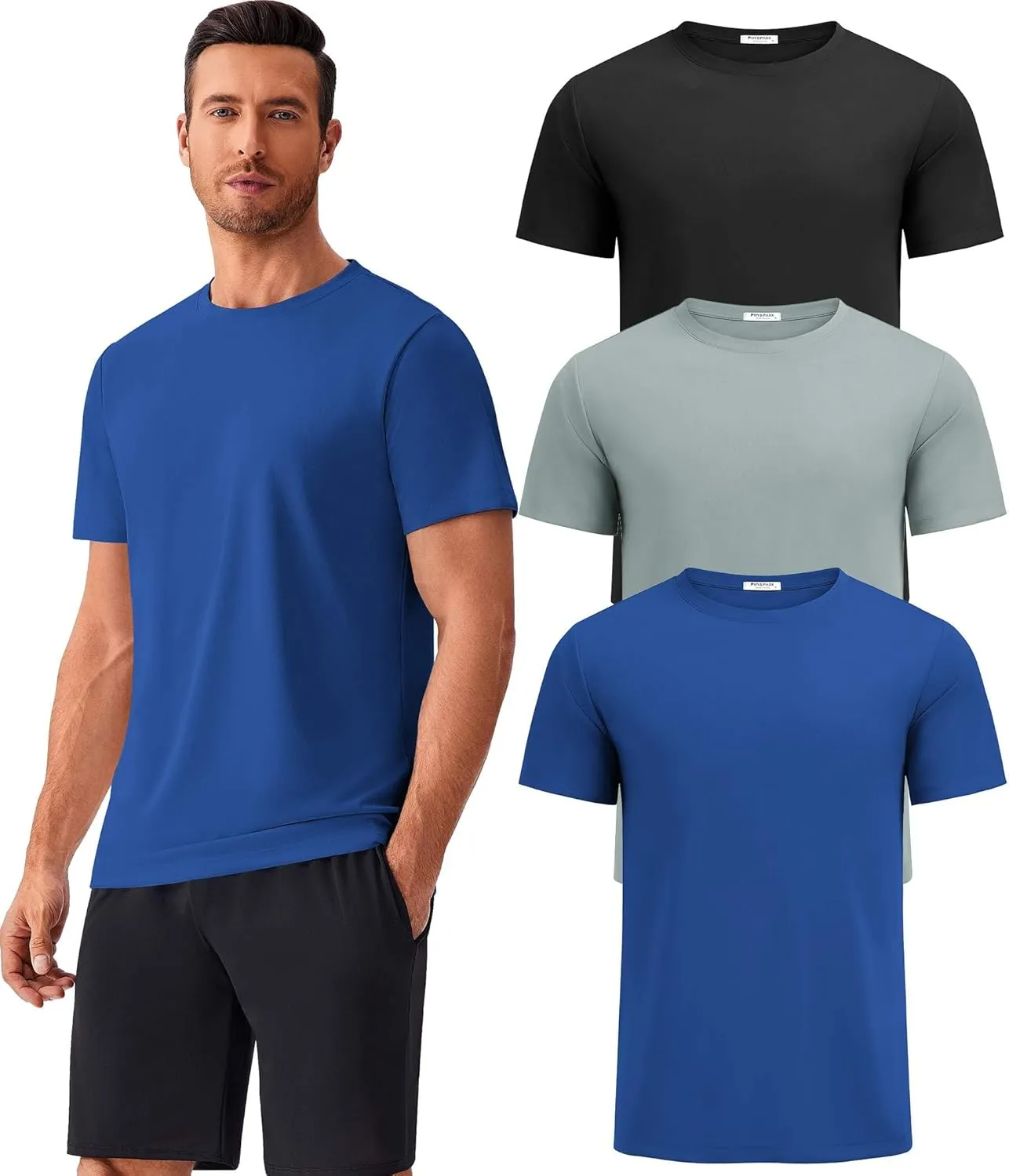 PINSPARK Men's 3 Pack Workout Shirts Quick Dry Moisture Wicking Crewneck Tee Shirt Mesh Athletic T-Shirts