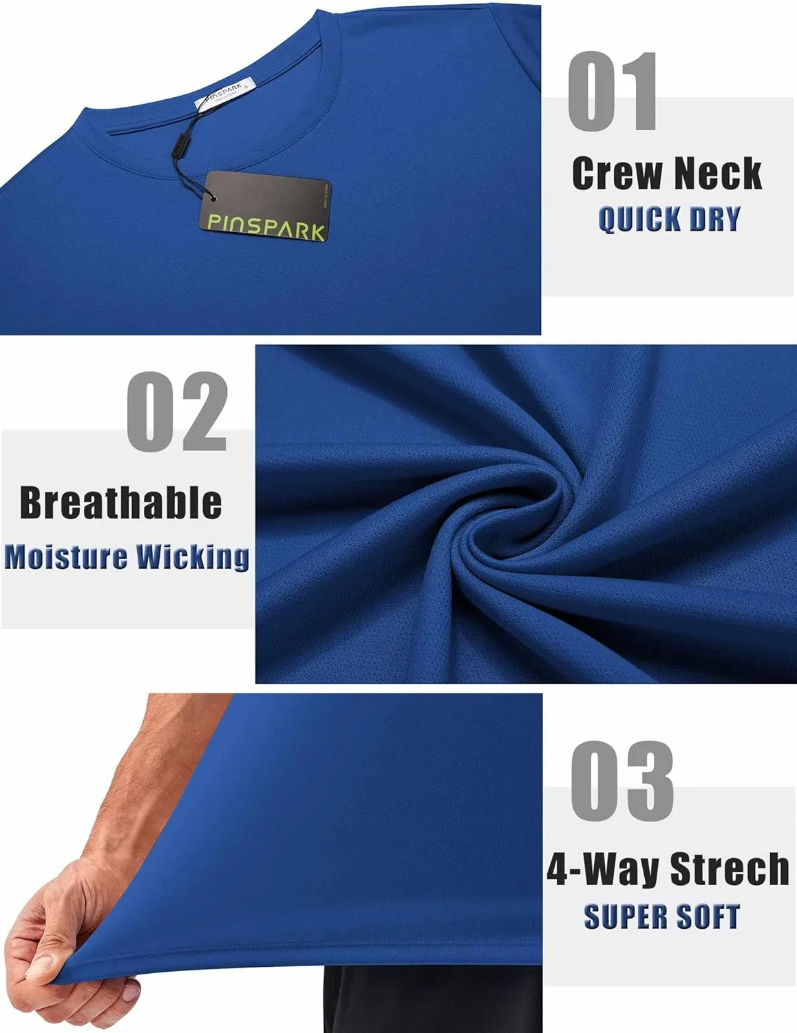 PINSPARK Men's 3 Pack Workout Shirts Quick Dry Moisture Wicking Crewneck Tee Shirt Mesh Athletic T-Shirts