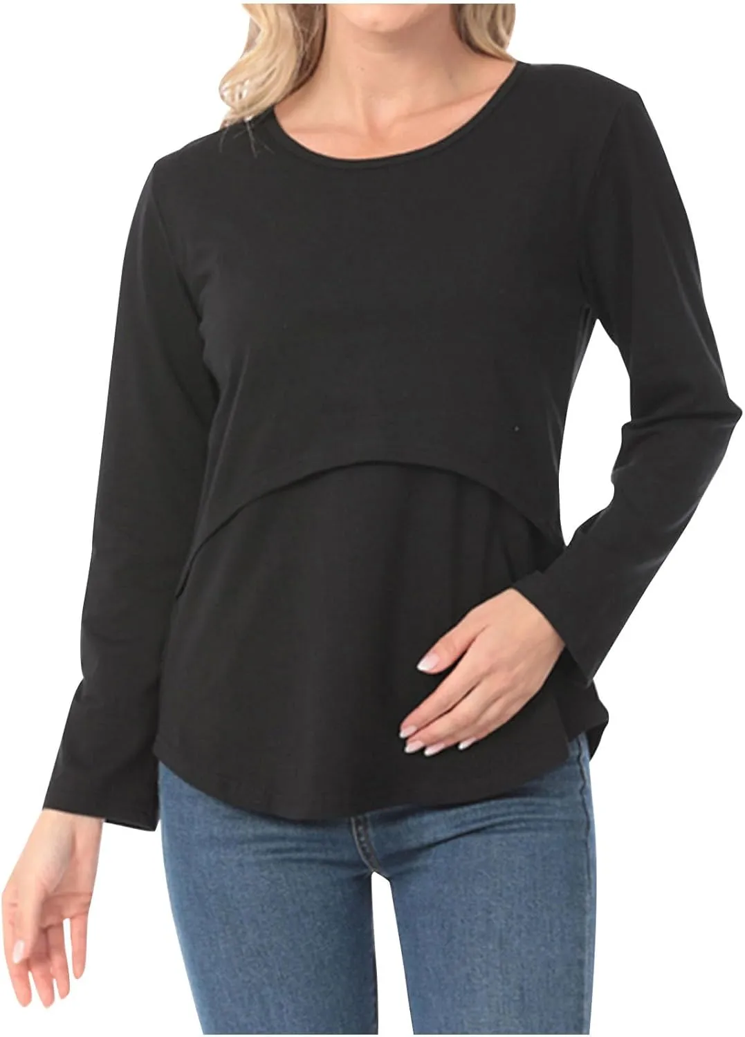Plus Size Breastfeeding Tops Women's Double Layer Nursing Tees Long Sleeve Crew Neck Maternity Tunics Pullover