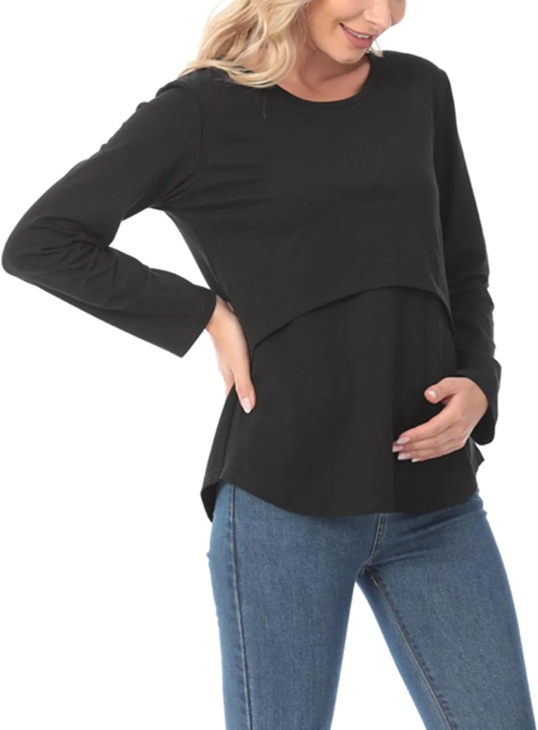 Plus Size Breastfeeding Tops Women's Double Layer Nursing Tees Long Sleeve Crew Neck Maternity Tunics Pullover
