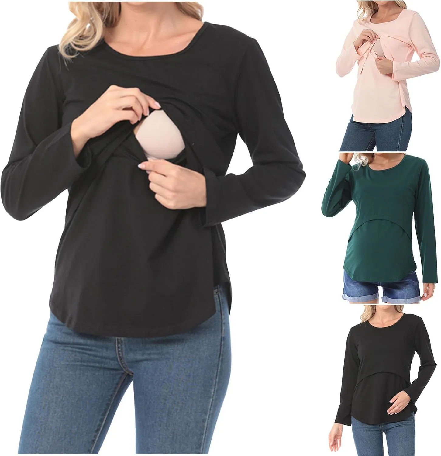 Plus Size Breastfeeding Tops Women's Double Layer Nursing Tees Long Sleeve Crew Neck Maternity Tunics Pullover