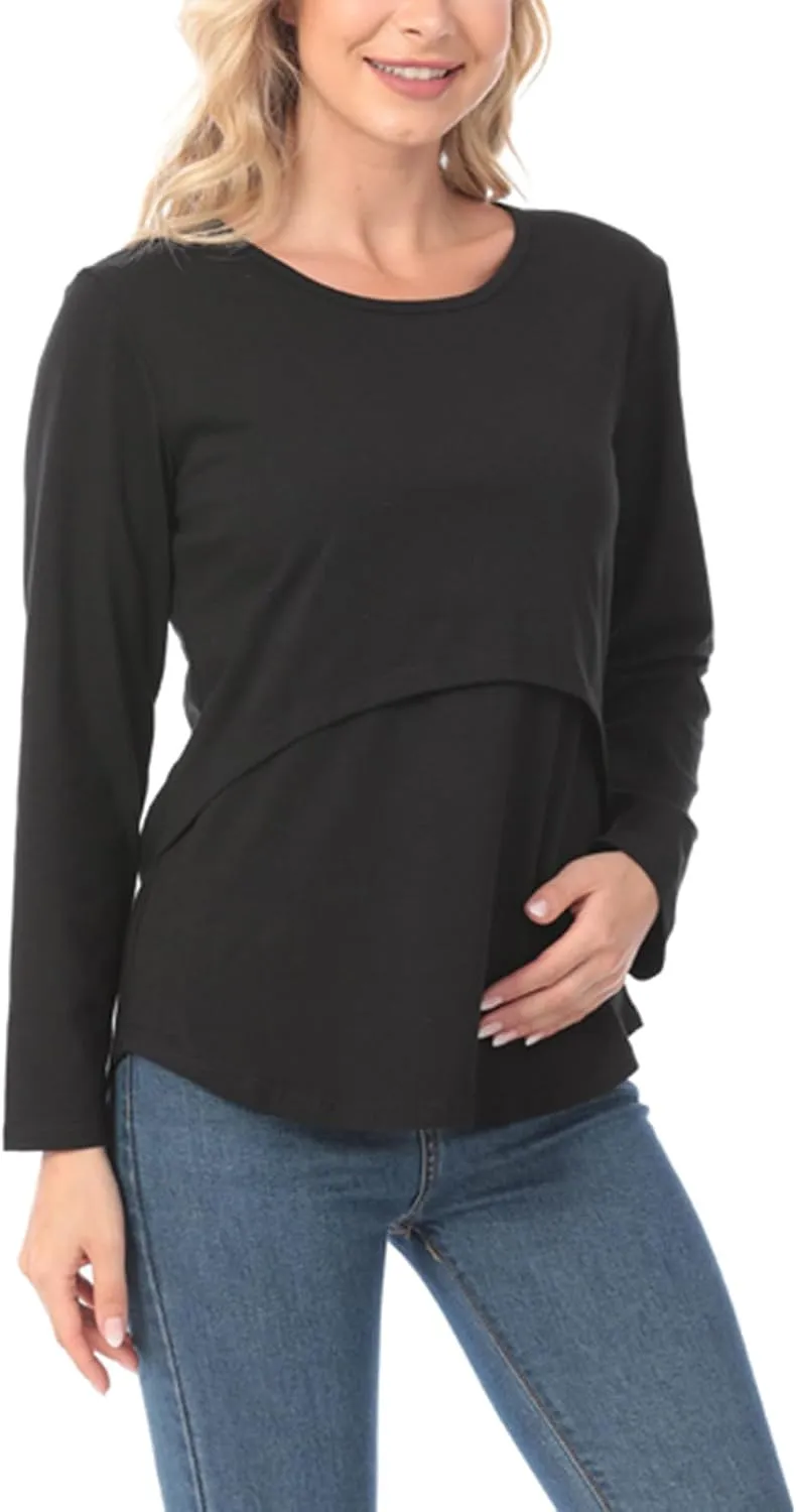 Plus Size Breastfeeding Tops Women's Double Layer Nursing Tees Long Sleeve Crew Neck Maternity Tunics Pullover