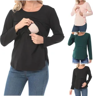 Plus Size Breastfeeding Tops Women's Double Layer Nursing Tees Long Sleeve Crew Neck Maternity Tunics Pullover