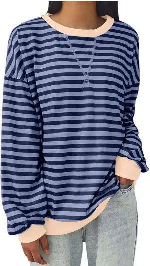 Plus Size Tops for Women 2024 Trendy Long Sleeve Striped Crewneck Sweatshirt Loose Fit Pullover Preppy Top Y2K Outfit