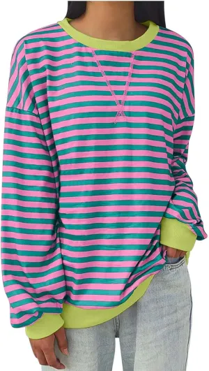 Plus Size Tops for Women 2024 Trendy Long Sleeve Striped Crewneck Sweatshirt Loose Fit Pullover Preppy Top Y2K Outfit