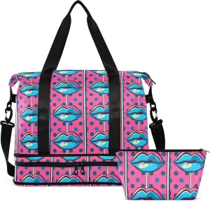 Pop Blue Lips Lollipop Gym Bag for Women & Men,Duffel Bag with Shoe Pocket,Weekender Overnight Bag with Trolley Sleeve for Girls Travel 21220364