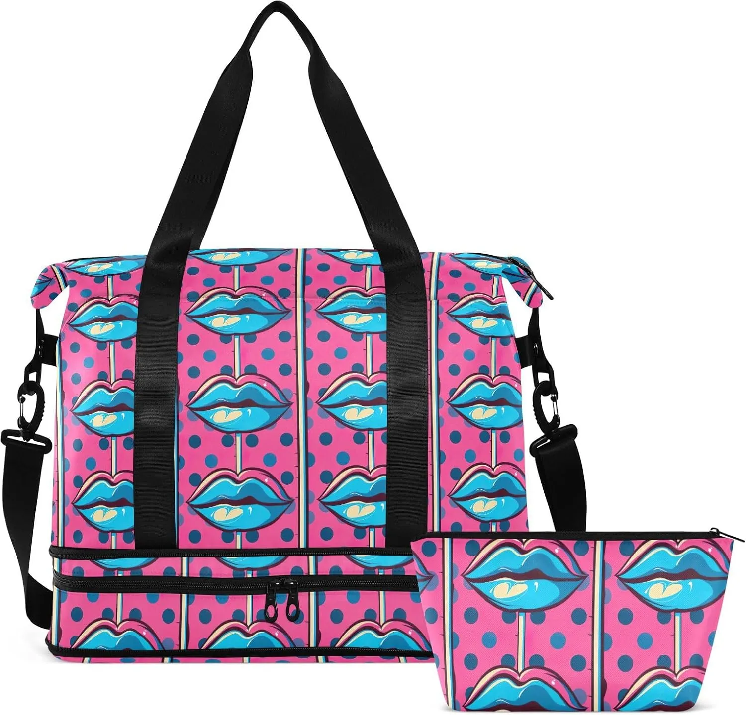 Pop Blue Lips Lollipop Gym Bag for Women & Men,Duffel Bag with Shoe Pocket,Weekender Overnight Bag with Trolley Sleeve for Girls Travel 21220364